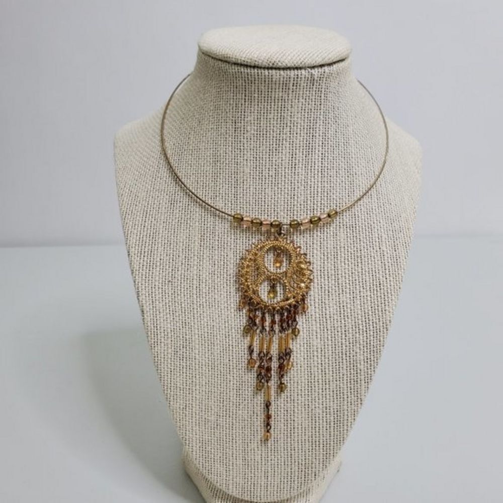 Wire Collar Tribal‎ Beaded Gold Tone Boho Brown Fairy Core Cottagecore Coquette